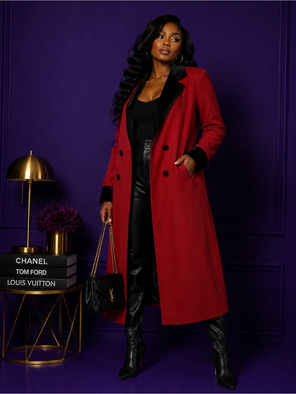 Red Long Trench Coat with Black Trim